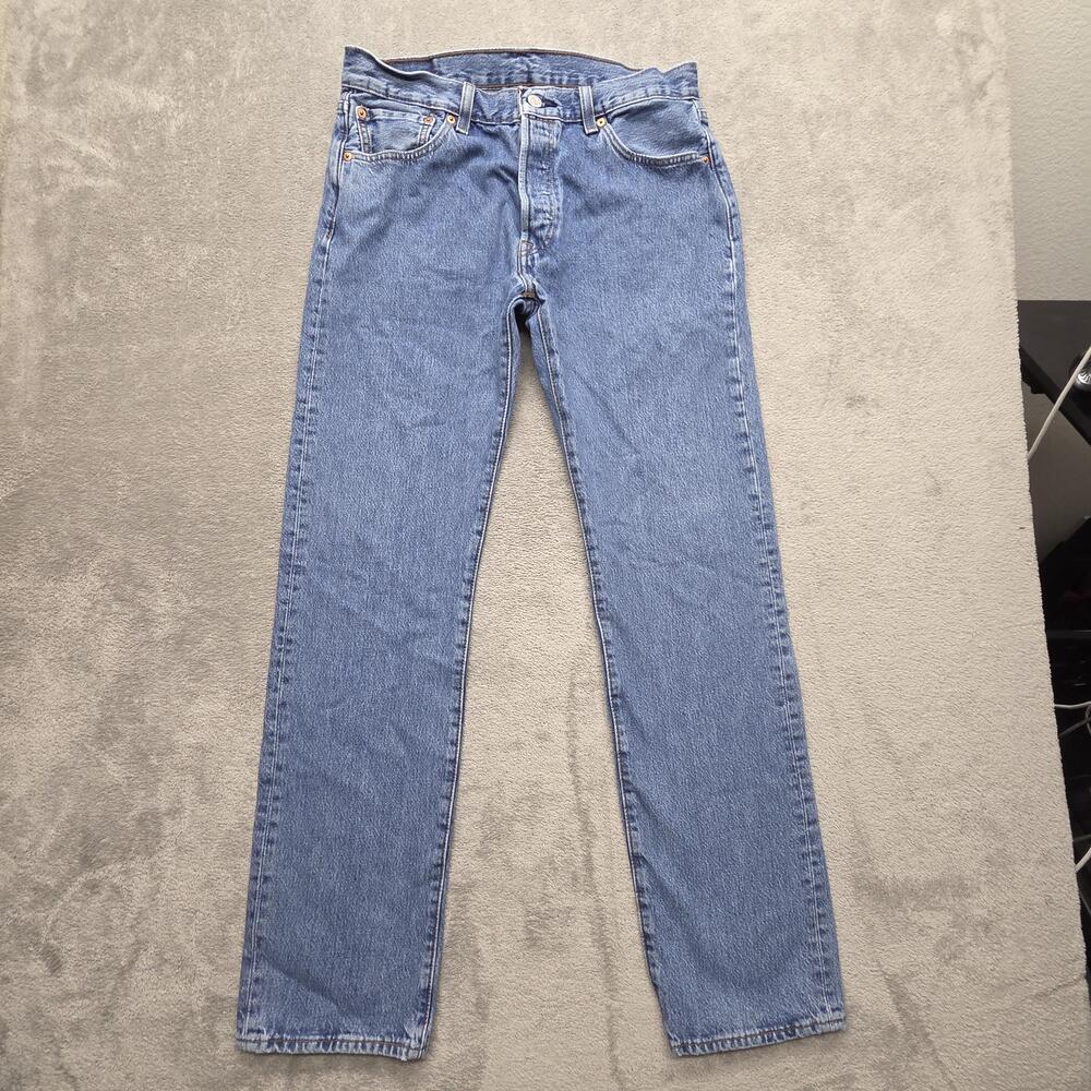Levis 501 Jeans Mens Measured 33x33 Blue Light Wash Straight Classic Button Fly